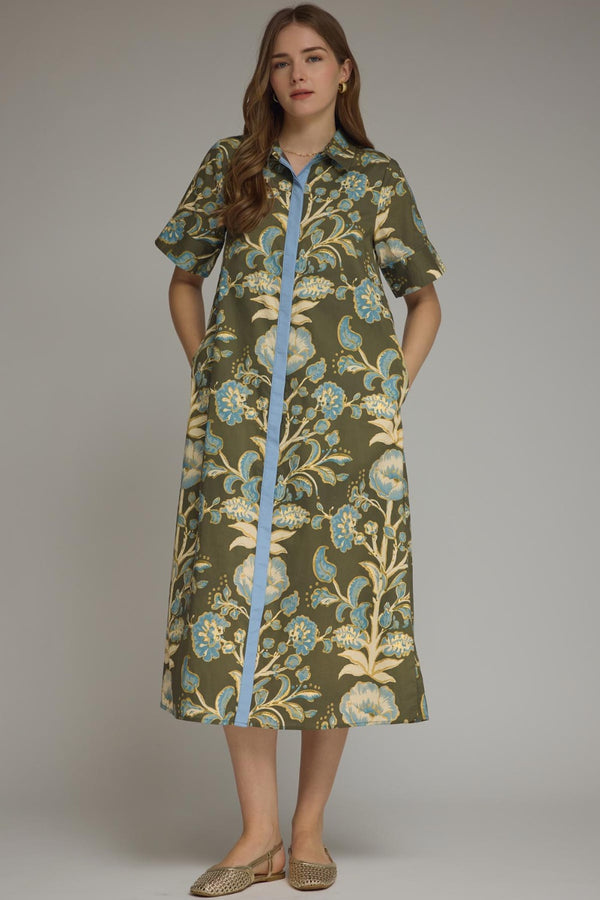 Floral Print Dress- Olive