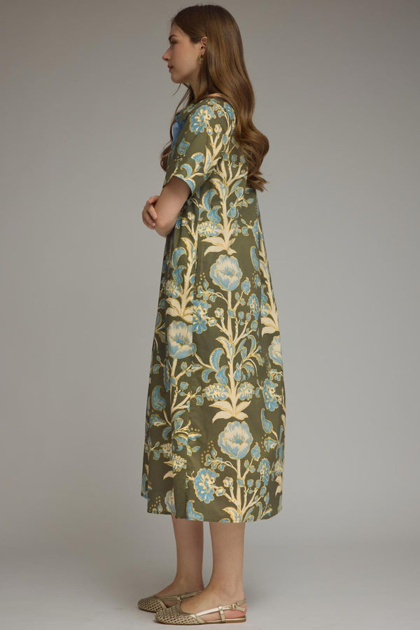 Floral Print Dress- Olive