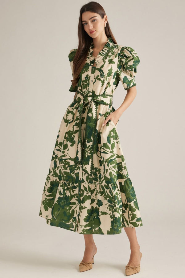 Floral Puff Sleeve Dress- Olive