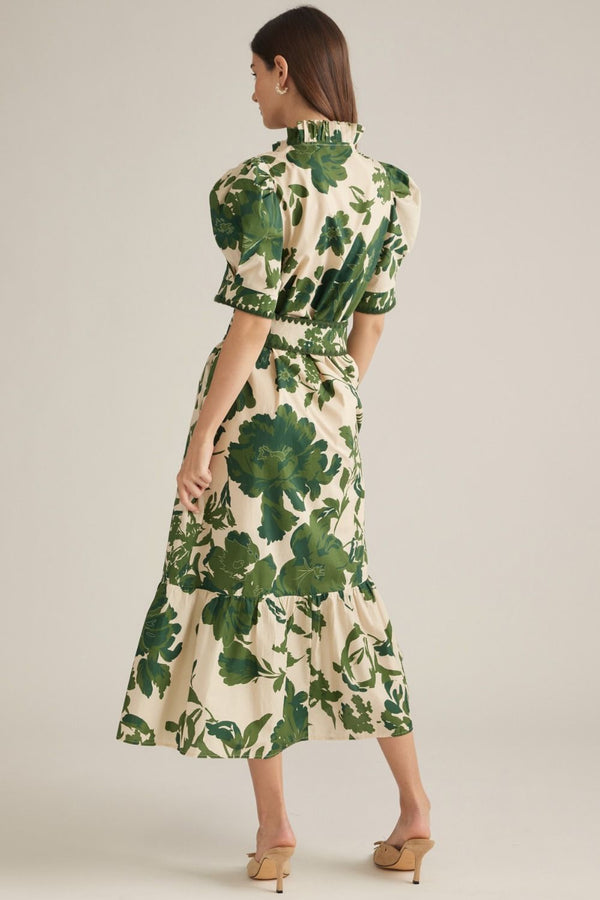 Floral Puff Sleeve Dress- Olive