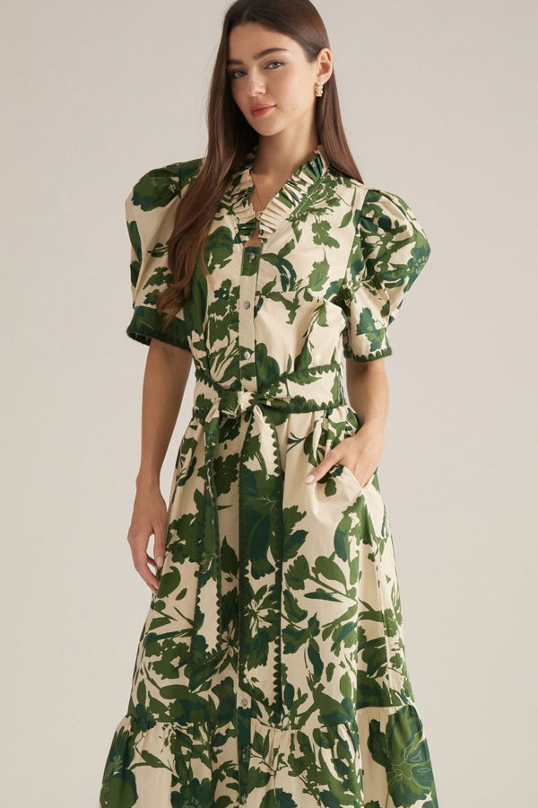 Floral Puff Sleeve Dress- Olive