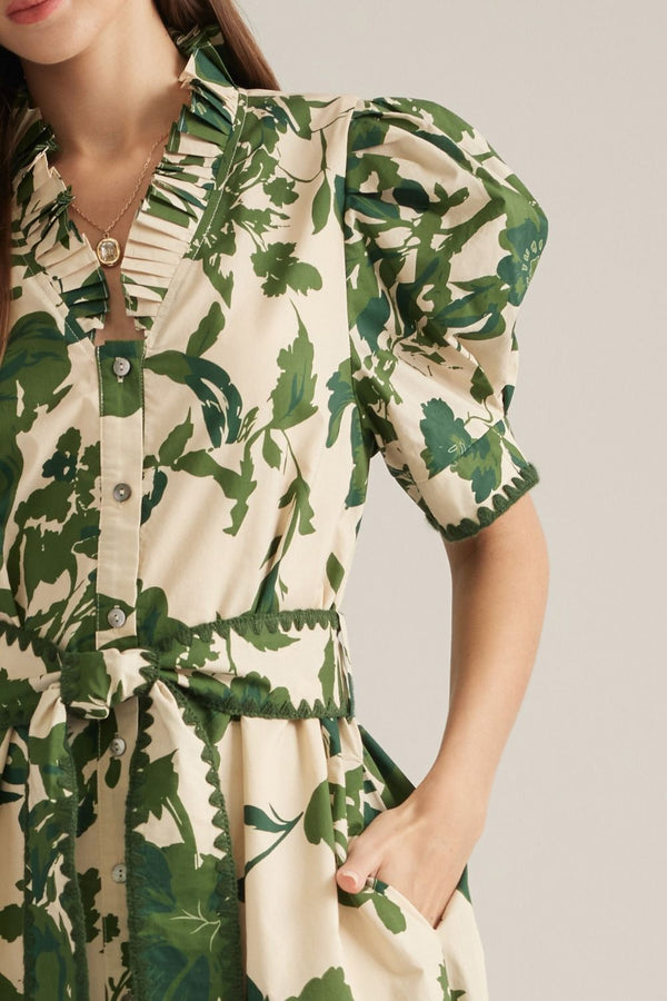 Floral Puff Sleeve Dress- Olive