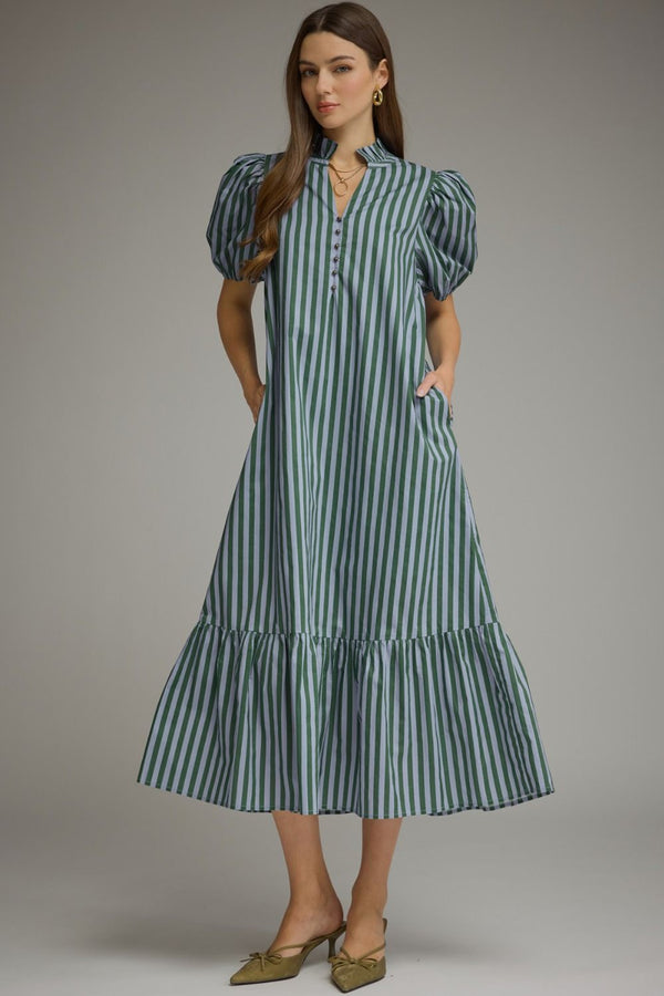 Stripe Puff Sleeve Dress- H. Green & Blue