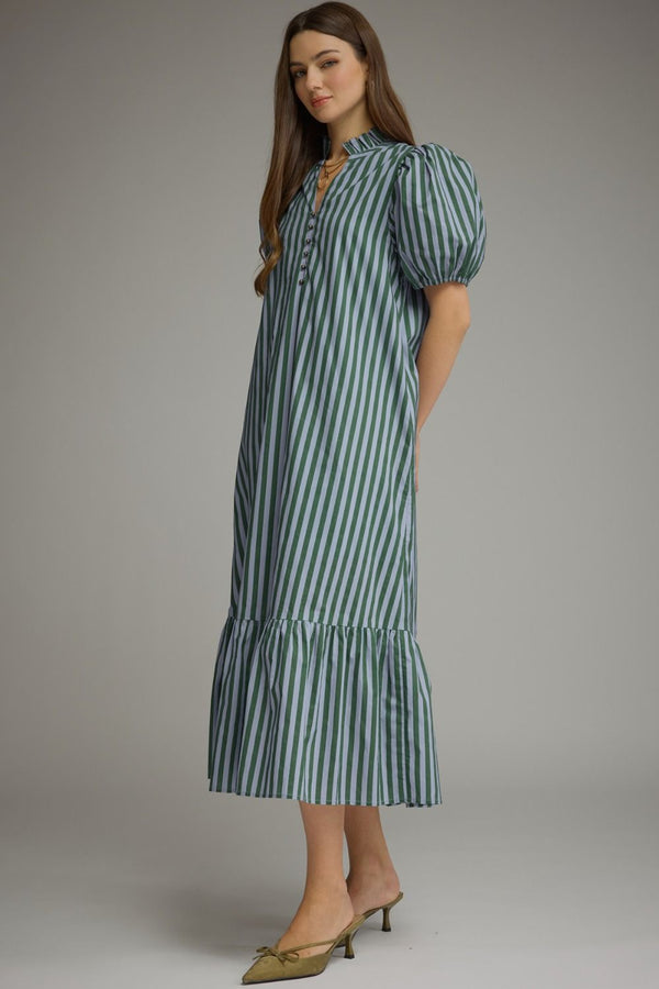 Stripe Puff Sleeve Dress- H. Green & Blue