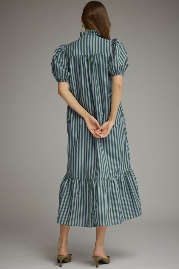 Stripe Puff Sleeve Dress- H. Green & Blue