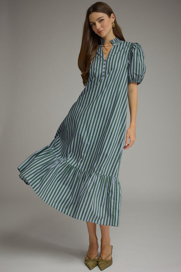 Stripe Puff Sleeve Dress- H. Green & Blue