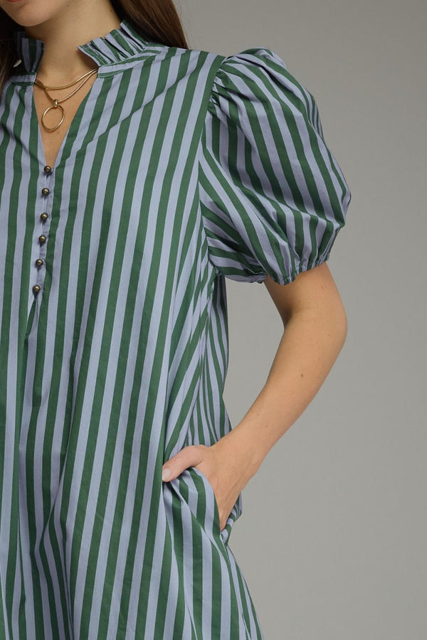 Stripe Puff Sleeve Dress- H. Green & Blue