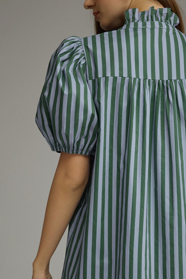 Stripe Puff Sleeve Dress- H. Green & Blue