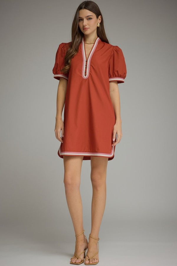 Solid Puff Sleeve Dress- Rust
