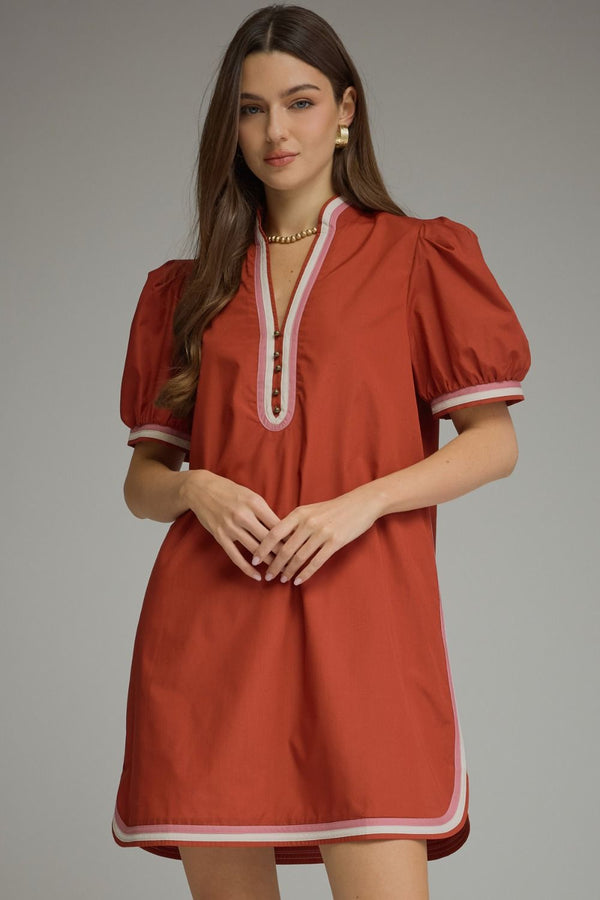 Solid Puff Sleeve Dress- Rust