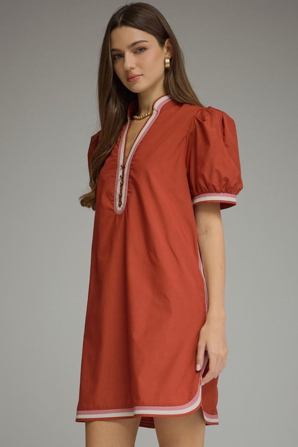 Solid Puff Sleeve Dress- Rust