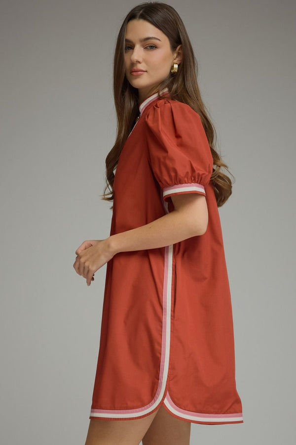 Solid Puff Sleeve Dress- Rust