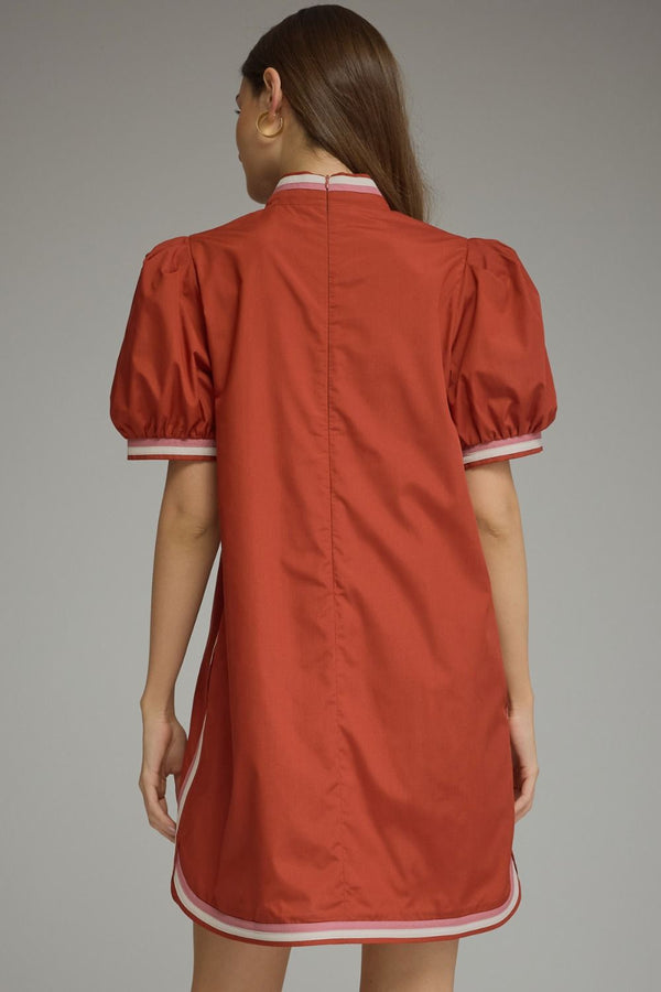Solid Puff Sleeve Dress- Rust