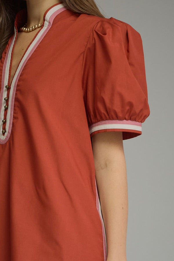Solid Puff Sleeve Dress- Rust