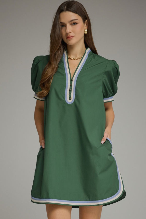 Solid Puff Sleeve Dress- H. Green
