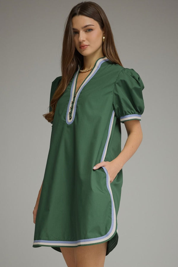 Solid Puff Sleeve Dress- H. Green