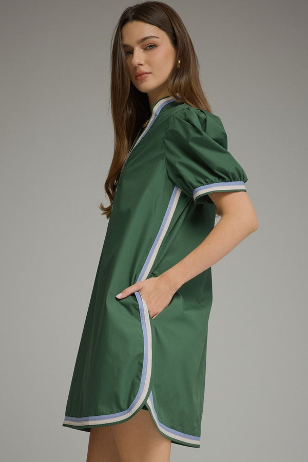 Solid Puff Sleeve Dress- H. Green