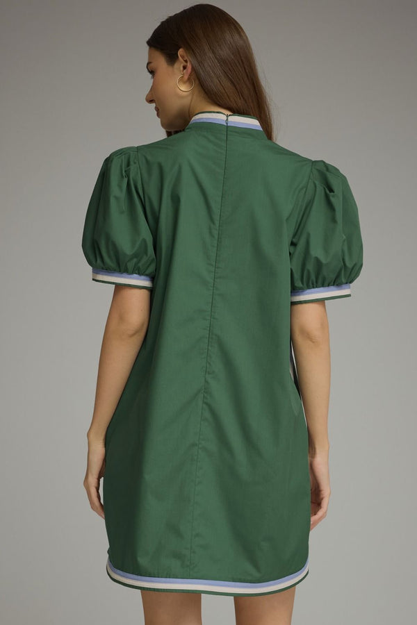 Solid Puff Sleeve Dress- H. Green