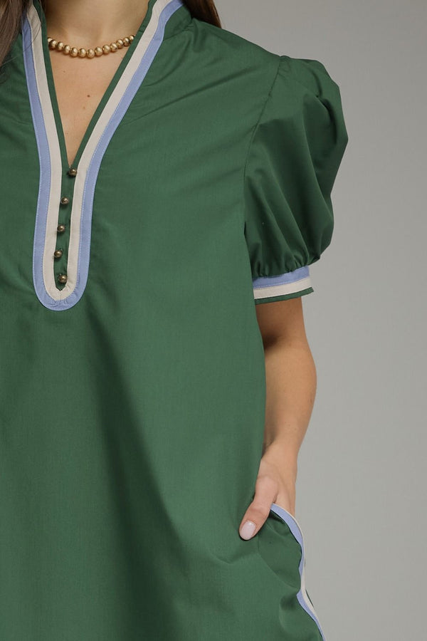 Solid Puff Sleeve Dress- H. Green