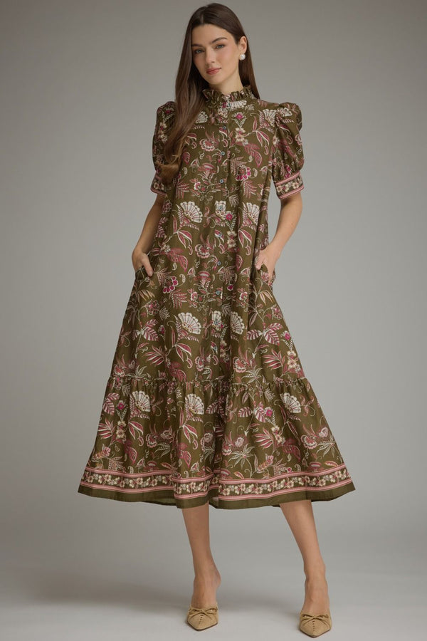 Printed Puff Sleeve Ruffle Dress- Olive