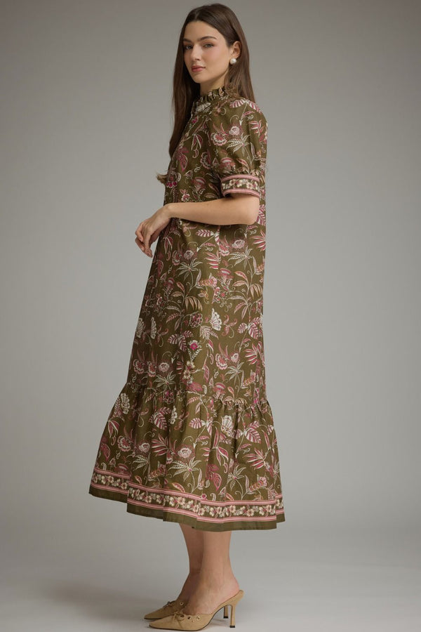 Printed Puff Sleeve Ruffle Dress- Olive