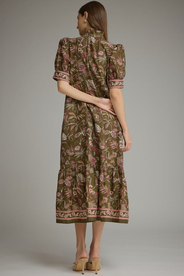 Printed Puff Sleeve Ruffle Dress- Olive