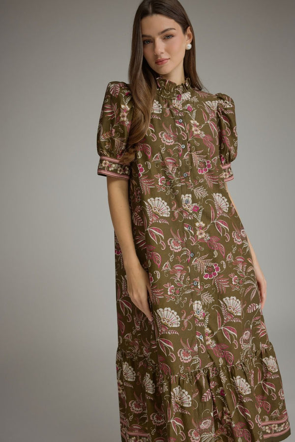 Printed Puff Sleeve Ruffle Dress- Olive