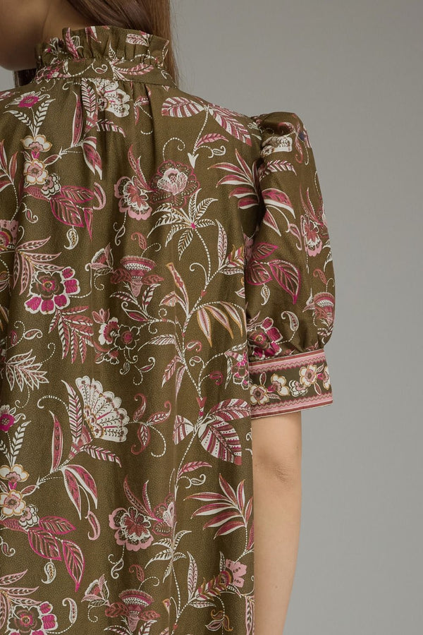 Printed Puff Sleeve Ruffle Dress- Olive
