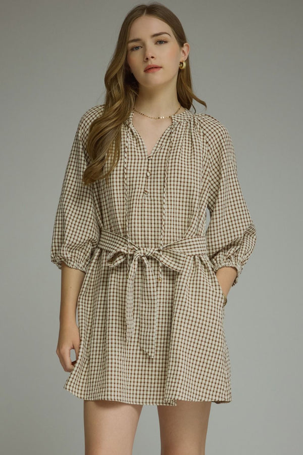 Gingham Self-Tie Belt Dress- Brown