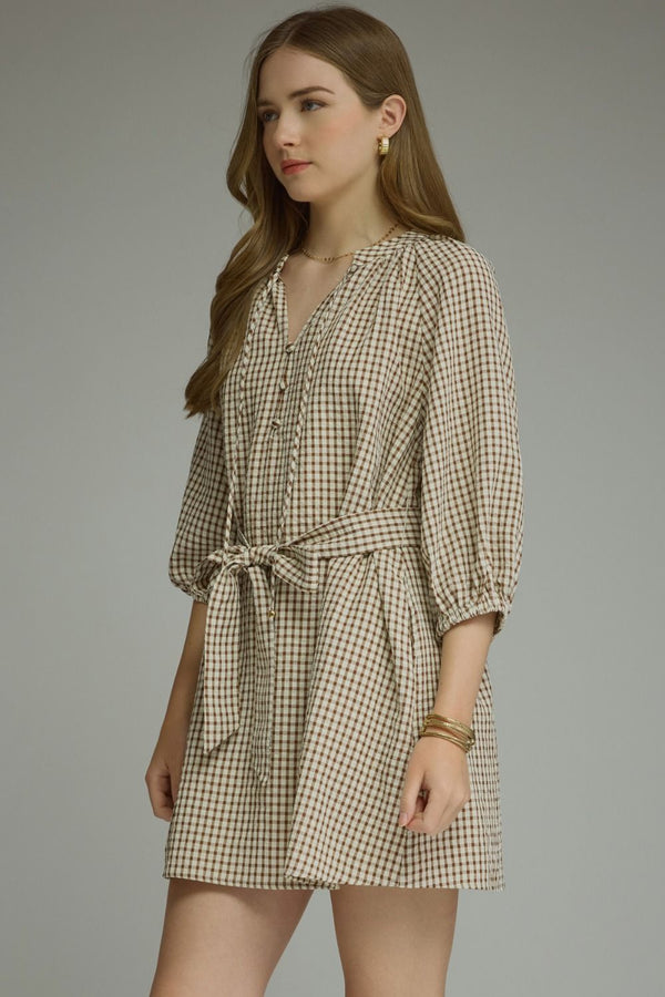 Gingham Self-Tie Belt Dress- Brown