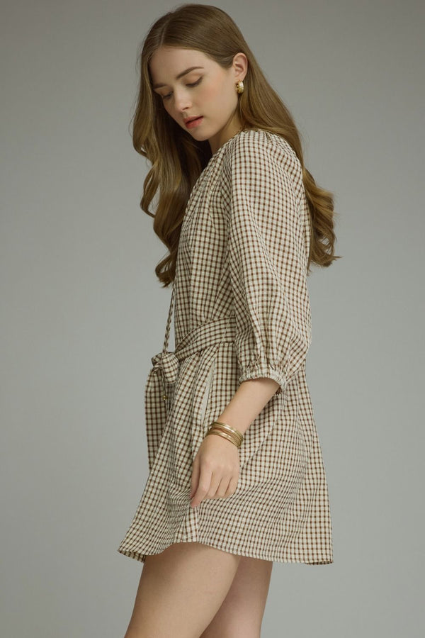 Gingham Self-Tie Belt Dress- Brown