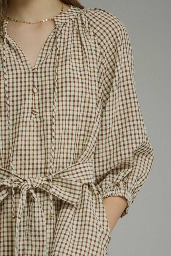 Gingham Self-Tie Belt Dress- Brown