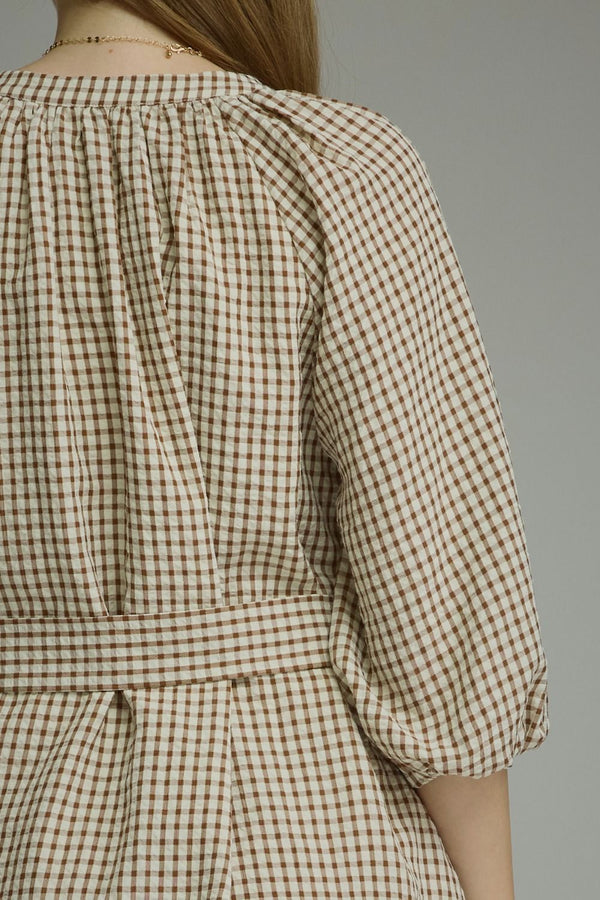 Gingham Self-Tie Belt Dress- Brown