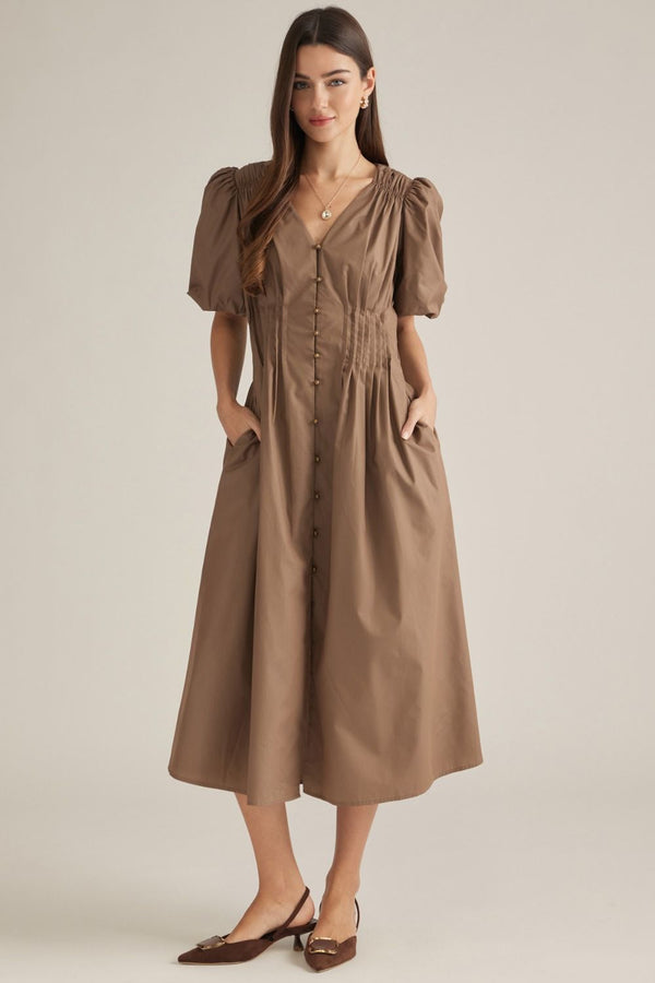 Solid Puff Sleeve V-Neck Dress- Mocha