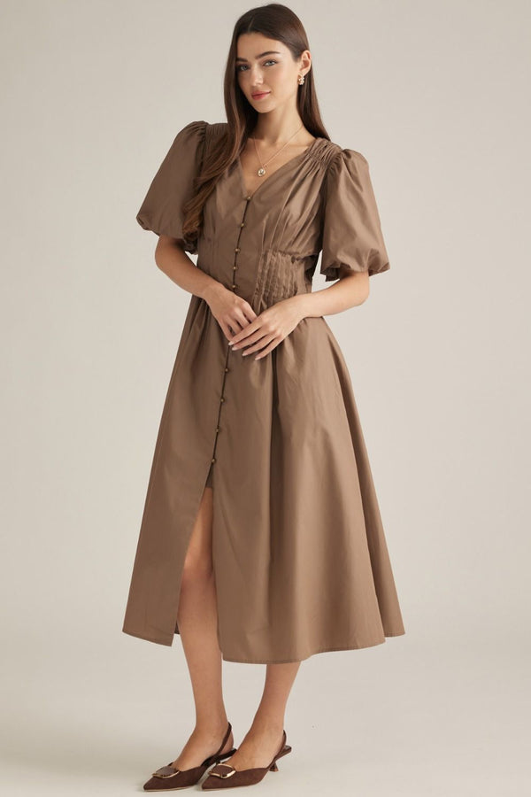 Solid Puff Sleeve V-Neck Dress- Mocha