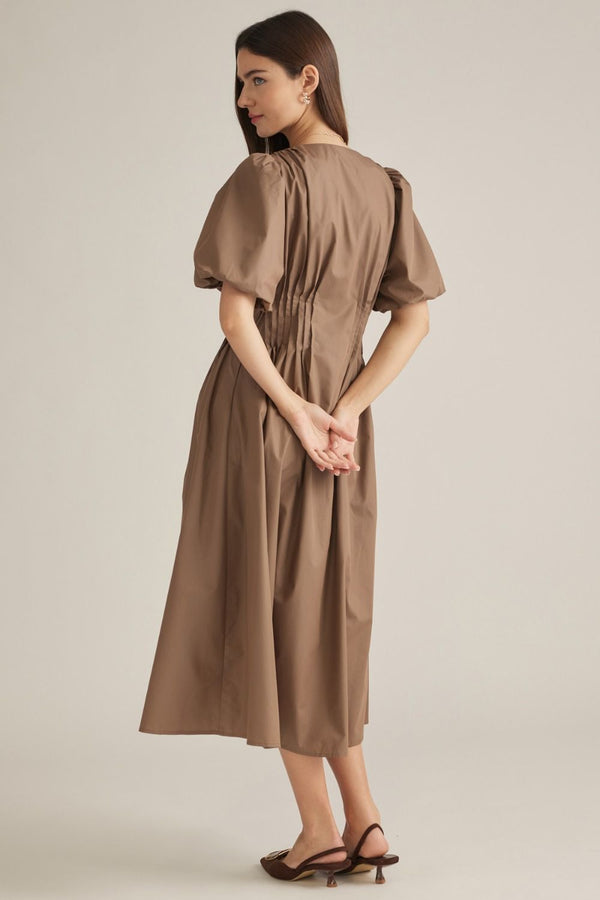 Solid Puff Sleeve V-Neck Dress- Mocha