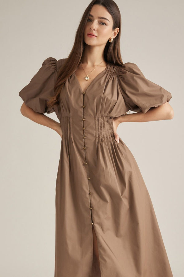 Solid Puff Sleeve V-Neck Dress- Mocha
