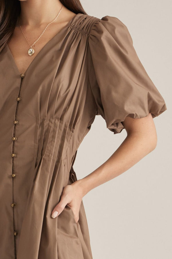 Solid Puff Sleeve V-Neck Dress- Mocha