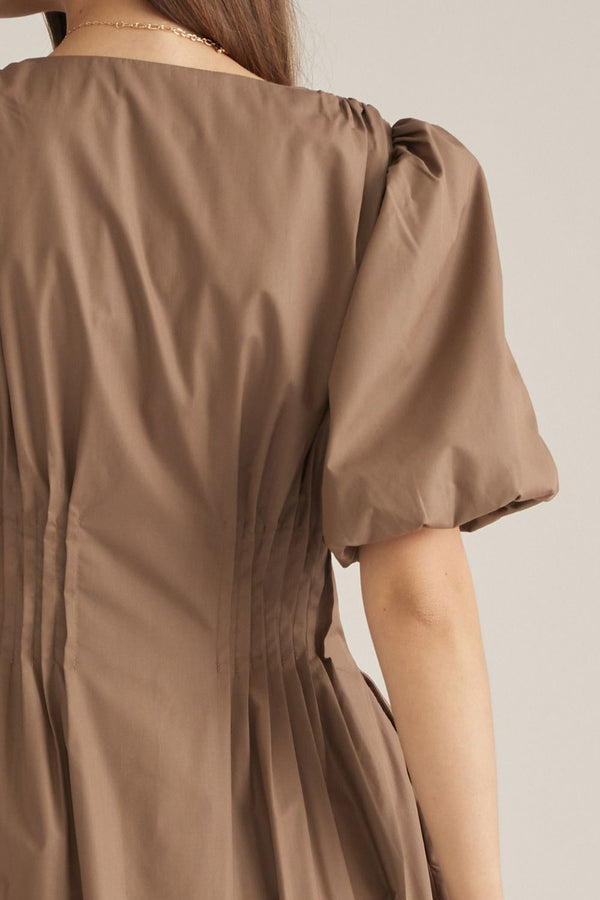 Solid Puff Sleeve V-Neck Dress- Mocha