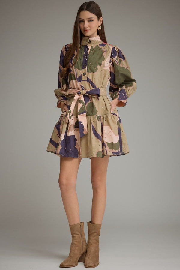Printed Eyelet Tiered Dress- Olive Combo