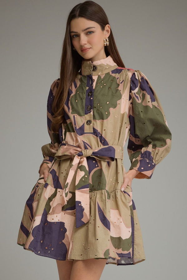 Printed Eyelet Tiered Dress- Olive Combo