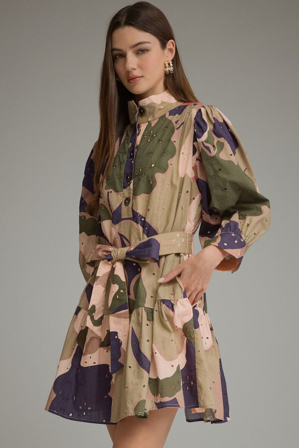Printed Eyelet Tiered Dress- Olive Combo