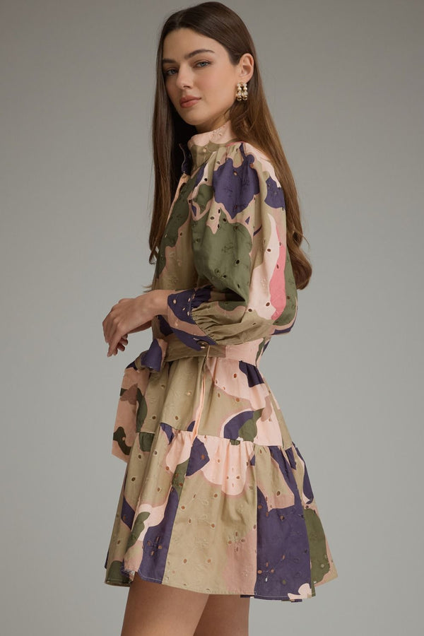 Printed Eyelet Tiered Dress- Olive Combo