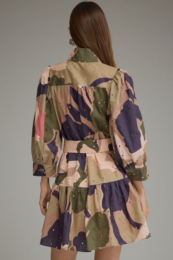 Printed Eyelet Tiered Dress- Olive Combo