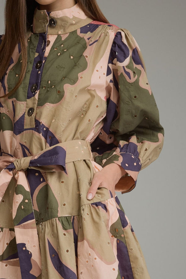 Printed Eyelet Tiered Dress- Olive Combo