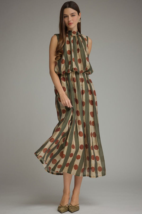 Printed Sleeveless Dress- Olive