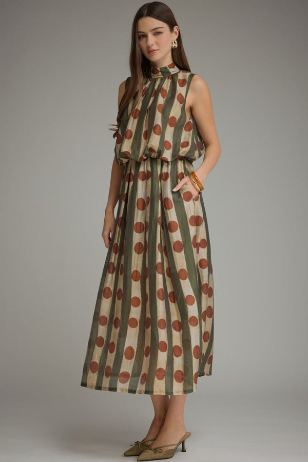 Printed Sleeveless Dress- Olive