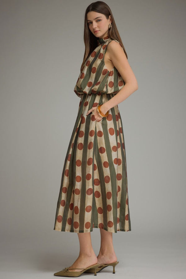 Printed Sleeveless Dress- Olive