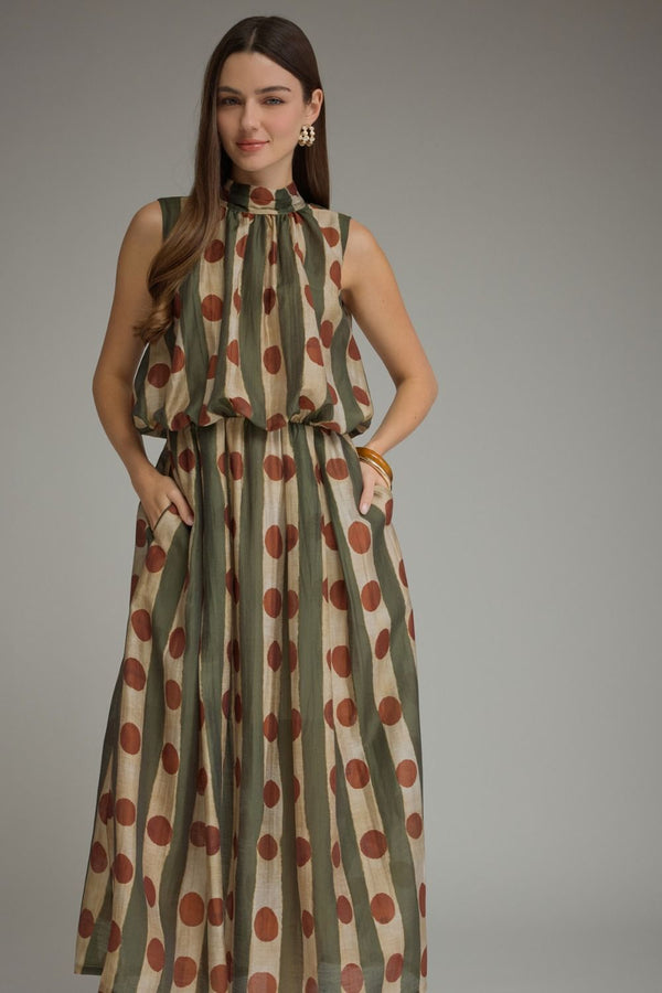 Printed Sleeveless Dress- Olive