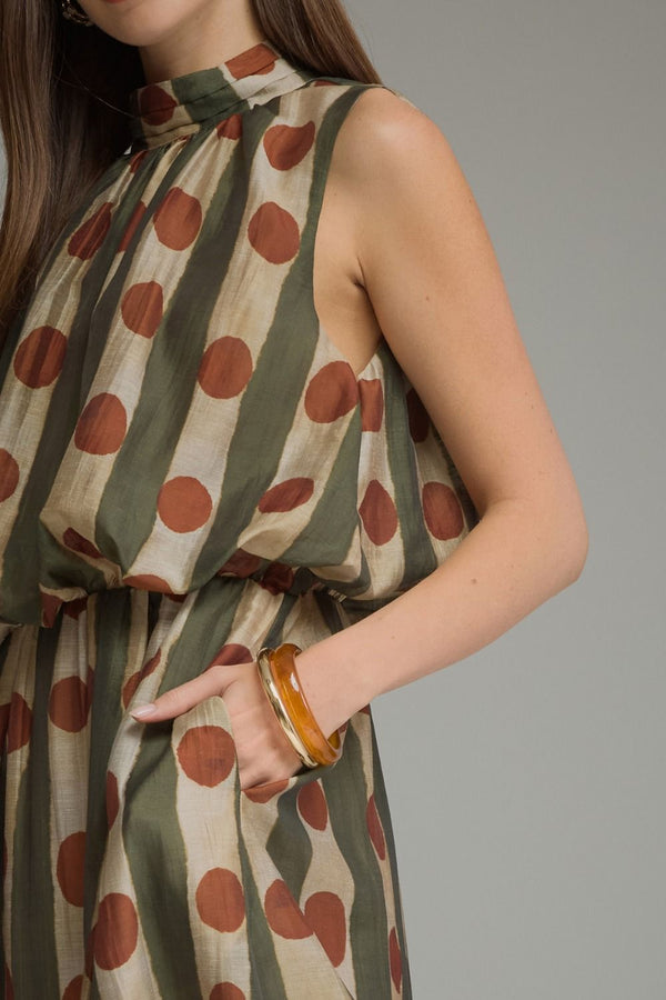 Printed Sleeveless Dress- Olive